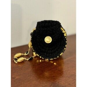 Crochet Coin Purse Black Gold Plated Pouch Wristlet Vintage Style Snap Closure